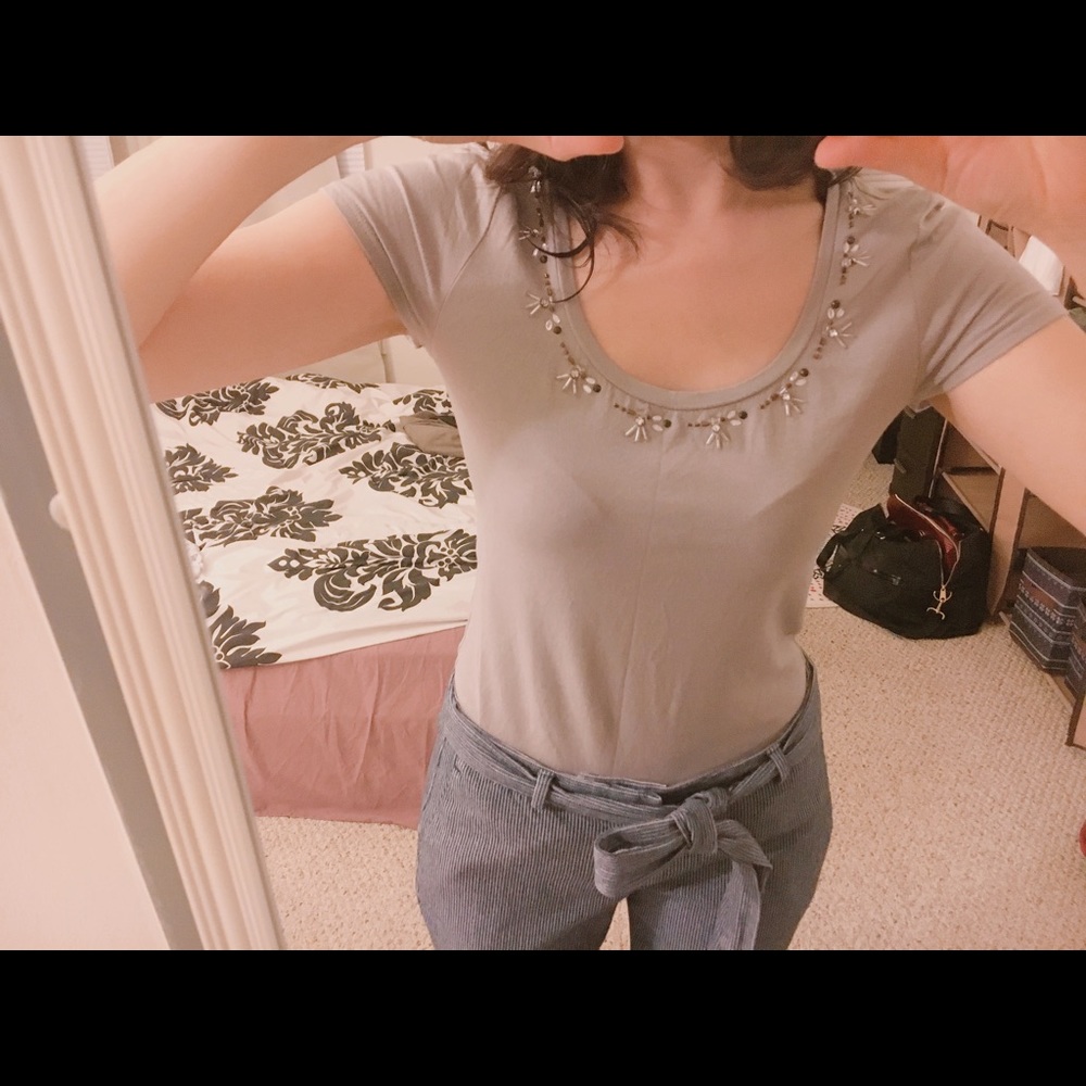 Ann taylor Grey Top With Beaded Neckline